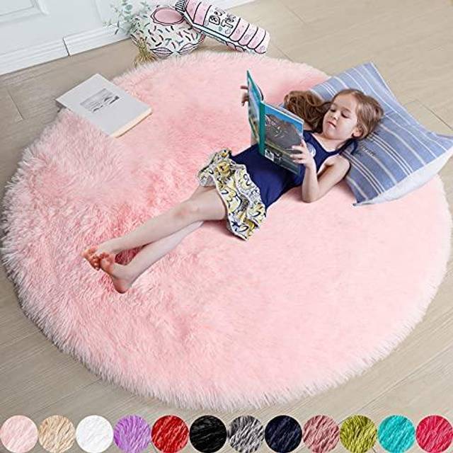 Pink Round Rug for Girls Bedroom,Fluffy Circle Rug 4'X4' for Kids Room,Furry Carpet for Teen Girls Room,Shaggy Circular Rug for Nursery Room,Fuzzy