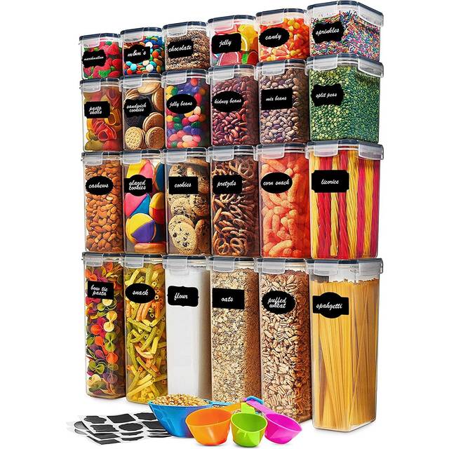 24 Pack Airtight Food Storage Container Set - BPA Free Clear Plastic Kitchen and Pantry Organization Canisters with Durable Lids for Cereal  Dry Food