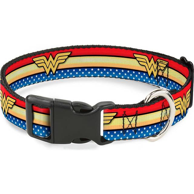 Wonder Woman Logo Stripes/Stars Dog Plastic Clip Collar - Blue&#47;Red&#47;Beige (S)