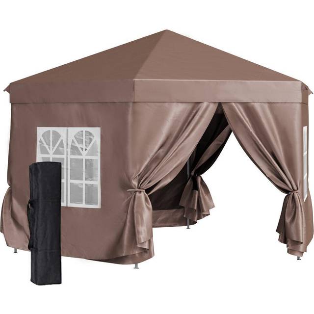Outsunny 4x4m Hexagonal Garden Pop up Gazebo Marquee Party Tent Wedding Canopy Height Adjustable with Storage Bag - Brown