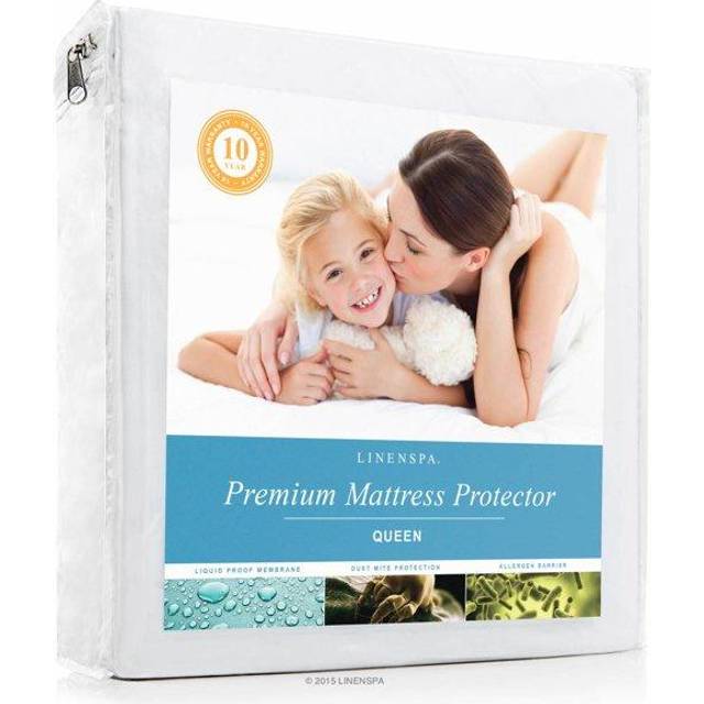 Linenspa premium madrasskydd - vitt - extra stor storlek - andningsbar polyester - dra-på-lakan stil - vattentätt design - maskintvättbar och torktålig - madrasskydd för barn, tonåringar och vuxna.