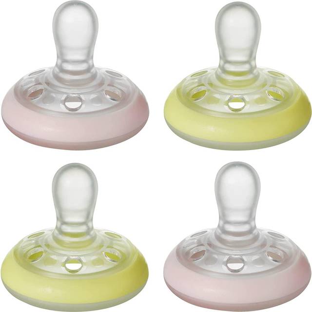 Tommee Tippee Bröstliknande lugnande natt, lyser i mörkret, hudliknande struktur, symmetrisk ortodontisk design, 0-6 m, rosa och gul, paket med 4 nappar