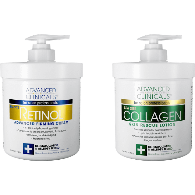 Advanced Clinicals Retinol Cream and Collagen Cream Skin Care Set. Värde anti-åldrande set för wrinkles, fina linjer, firming-skin. 16 oz spa-storlek är bra för ansiktskräm och kroppsfuktighetskräm.