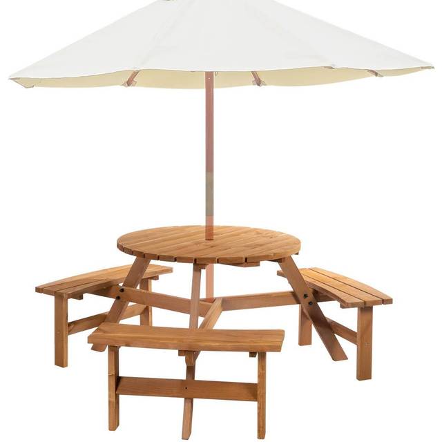 Outsunny Garden Round Table W/3 Attached Benches-Fir Wood - TJ Hughes