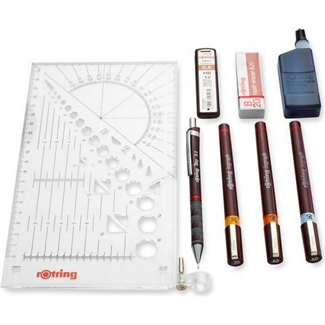 Rotring Isograph College Set 3X Technical Pens (0.20mm, 0.40mm, 0.60mm), 1x Tikky Pencil + Accessories, Red