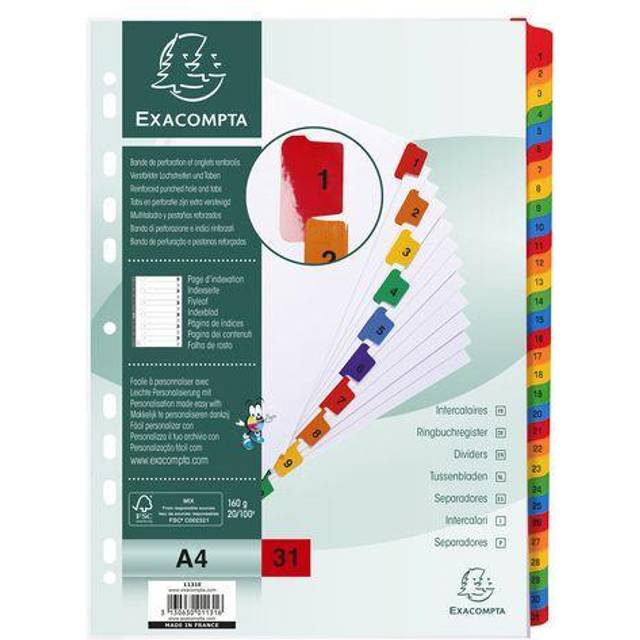 1 to 31 Dividers A4 Coloured Tabs, White