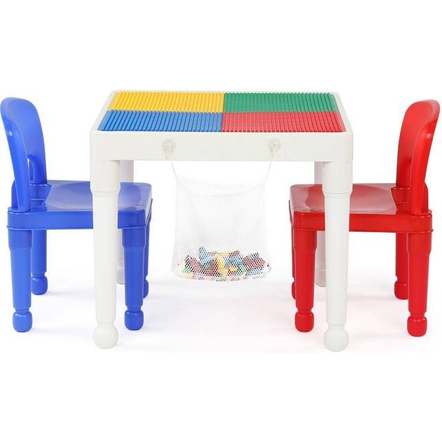 Humble Crew  White/Blue/Red Kids 2-in-1 Plastic Building Blocks-Compatible Activity Table and 2 Chairs Set  Square  Toddler