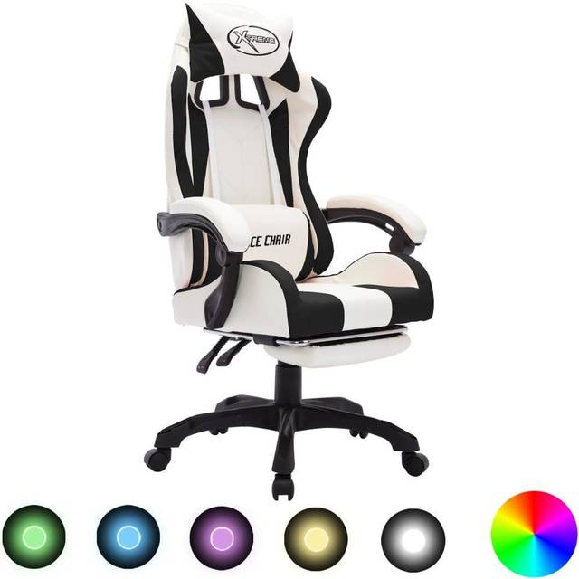 Gamingstol med RGB LED-lampor svart och vit konstläder
