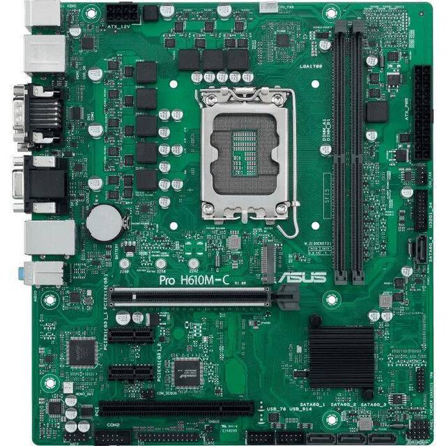 ASUS PRO H610M-C CSM moderkort mATX, Intel H610, LGA1700, DDR5, PCI 5.0, Intel LAN 1Gb, Realtek 7.1 Surround, 1xM.2, 4xSATA 6GB/s, USB 3.2 Gen 2, ASUS Control Center Express, svart