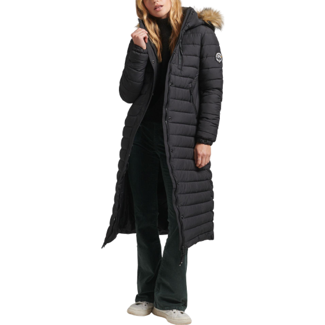 Long Hooded Puffer Jacket with fake fur for women Superdry - Noir
