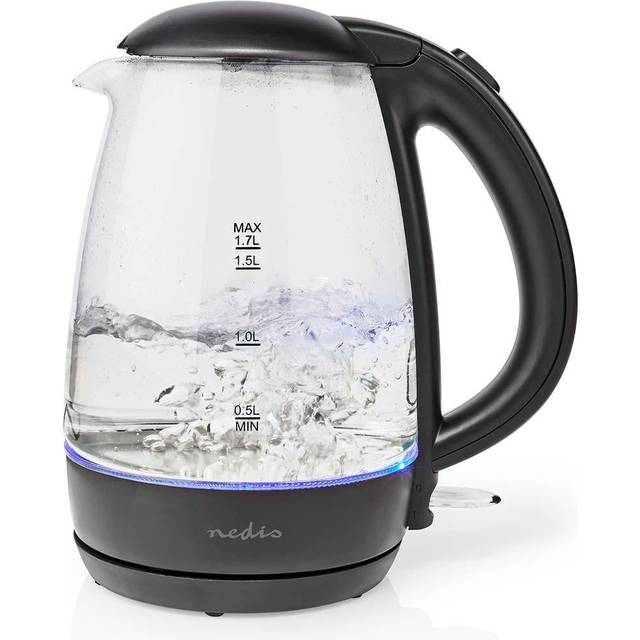 Electric 1.7L Kettle, Glass Jug with Blue LED Illumination, Quick Boil Time, and Boil-Dry Protection, 2250W