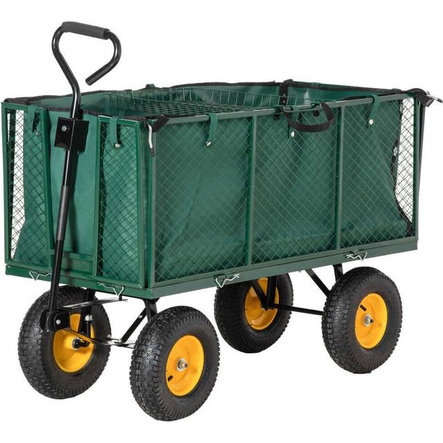 Outsunny Large 4 Wheel Heavy Duty Garden Trolley Cart Wheelbarrow With Handle And Metal Frame - Green