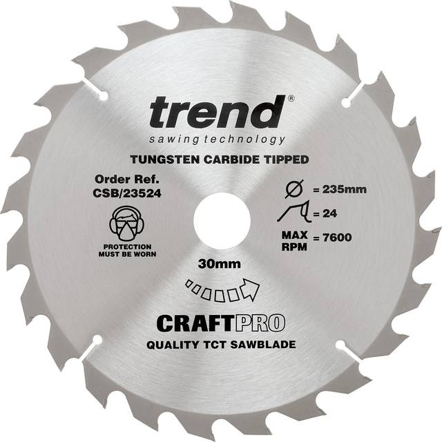 Trend CSB/23524 Craft Pro General Purpose TCT Blade Ideal for Bosch, Makita, Milwaukee, and Hikoki Circular Saws, 235mm x 24 Teeth x 30mm Bore,