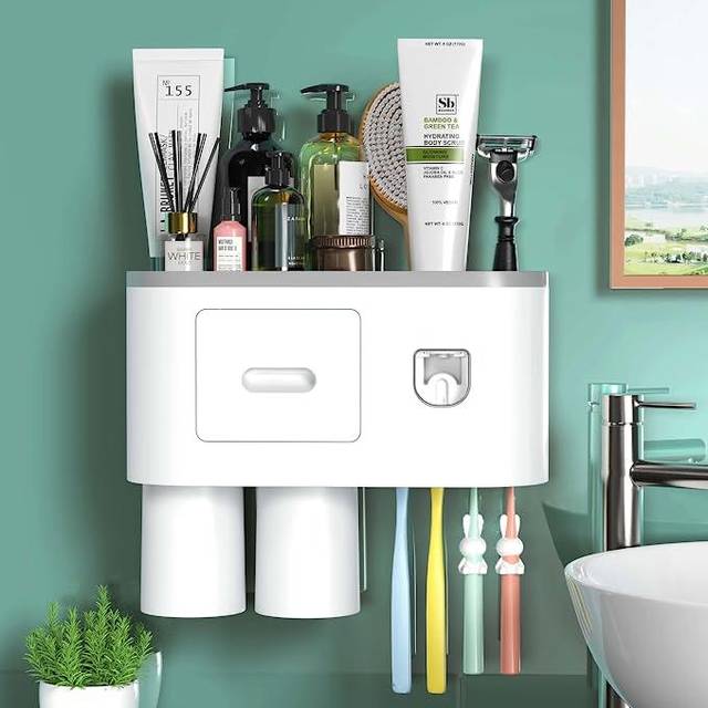 Toothbrush Holder Wall Mounted  Automatic Toothpaste Dispenser Squeezer Kit -Magnetic Toothbrush Holder for Bathroom and Vanity  4 Brush Slots 2 Cups