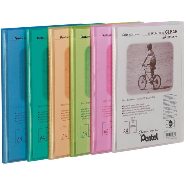 Pentel Recycology A4 Display Book Clear 20 Pocket Assorted Colours (Pack 5)