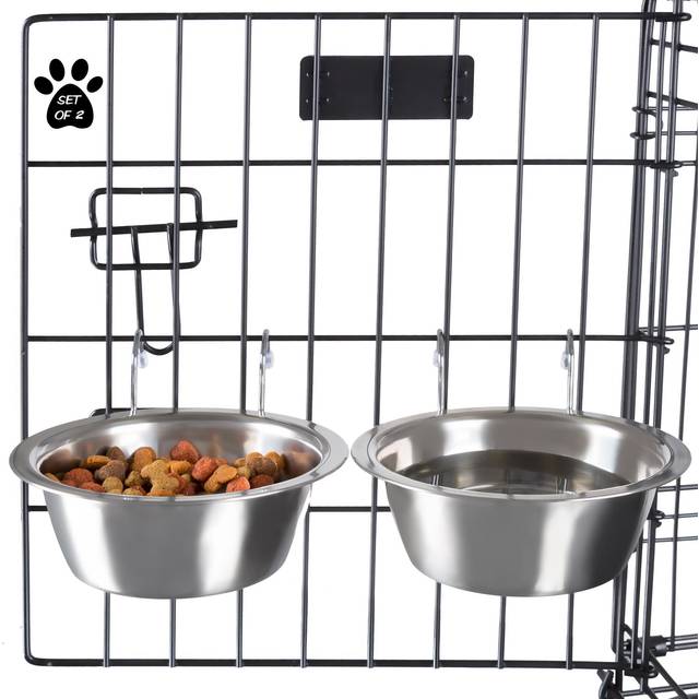Set of 2 Stainless-Steel Dog Bowls - Cage  Kennel  and Crate Hanging Pet Bowls for Food and Water - 20oz Each and Dishwasher Safe by PETMAKER Silver