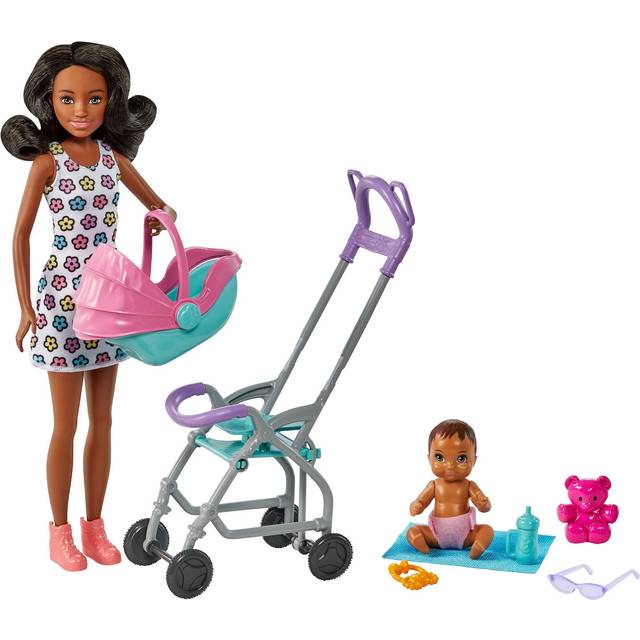 Barbie Skipper Babysitters Inc. Playset with Babysitter Doll (Curly Brunette Hair), Stroller, Baby Doll & 5 Accessories, Toy for 3 Year Olds