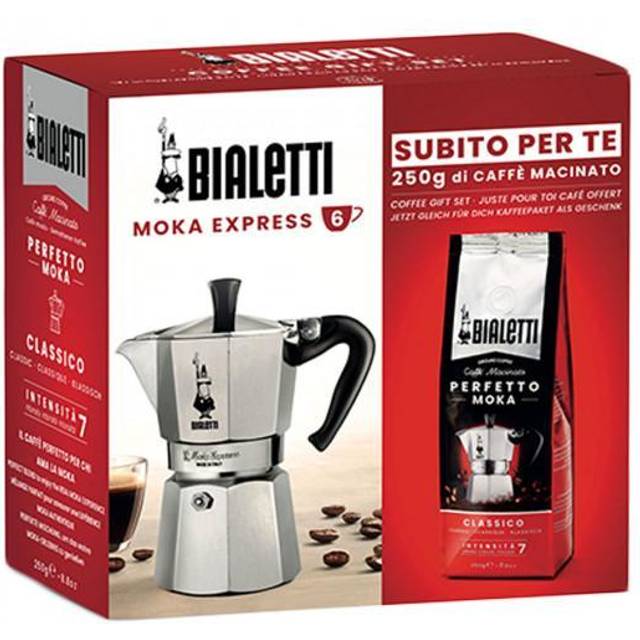 Bialetti Moka Express 6 koppar Espressokanna Alu inkl. Bialetti Perfetto Moka Classico Malet kaffe 250g