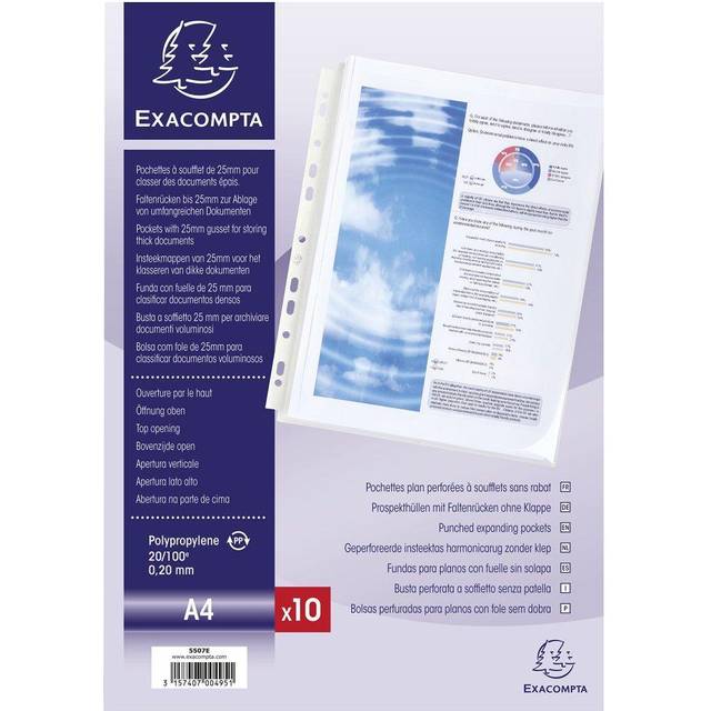 Exacompta A4 PP Top Opening Expanding Pocket Wallet with Flap - Clear, Pack of 10