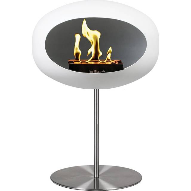White Ground Low Bioethanol Fireplace - Le Feu - Freestanding Fire, Silver Base Plate with Steel Silver Pole