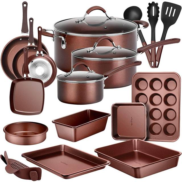 NutriChef NCCW20S.5 20-Piece Nonstick Cookware PTFE/PFOA/PFOS-Free Heat Resistant Lacquer Kitchen Ware Pots Baking Set w/Saucepan, Frying Pans,