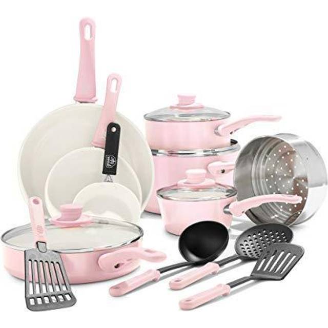 SHEIN GreenLife Soft Grip Healthy Ceramic Nonstick 16 Piece Kitchen Cookware Pots And Pans Set, Includes Frying Pan Skillets Sauce And Casserole, PFAS-Free,
