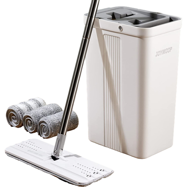 JOYMOOP Mop and Bucket with Wringer Set for Home, Hands Free White Flat Squeeze Mop Bucket Set for Floor Cleaning and Wall Cleaner with Long Handle,