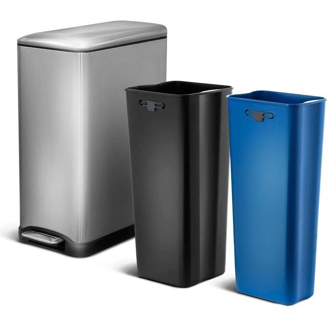 Home Zone Living 13 gallon papperskorg, dubbla avtagbara foder för återvinning och skräp, 50 liter smal rostfritt stål form (8 + 5 för 13 gallon totalt)