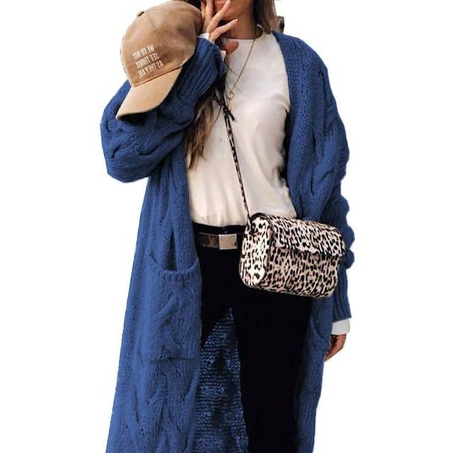 ZIWOCH Women's Long Cardigan Coats Cable Knit Casual Open Front Long Sleeve Loose Sweater with Pockets Navy Blue