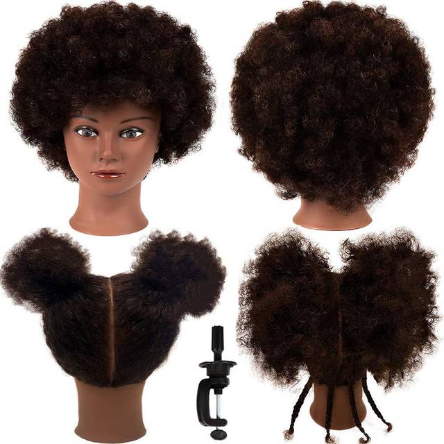 African Mannequin Head with 100% Human Hair Curly Cosmetology Manican Mannequins Heads with Stand for Display Practice Braiding Styling Training Head