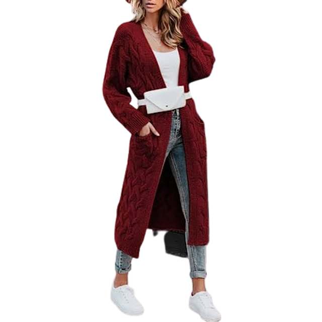 ZIWOCH Women's Long Cardigan Coats Cable Knit Casual Open Front Long Sleeve Loose Sweater with Pockets Wine Red