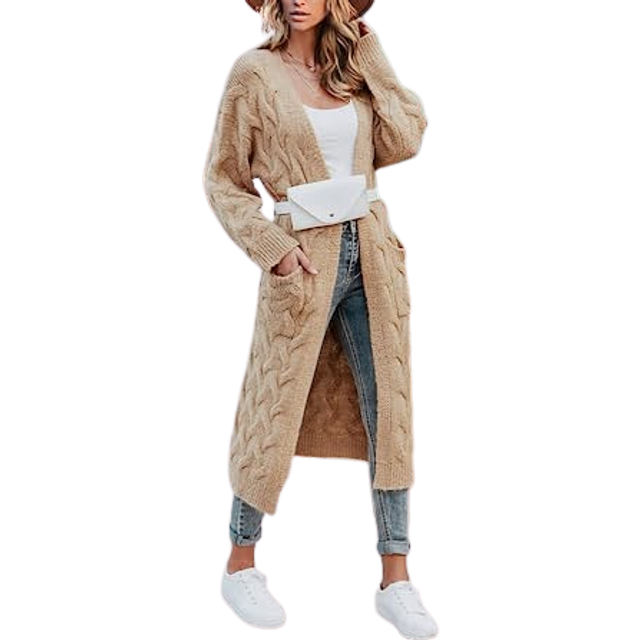 ZIWOCH Women's Long Cardigan Coats Cable Knit Casual Open Front Long Sleeve Loose Sweater with Pockets Khaki