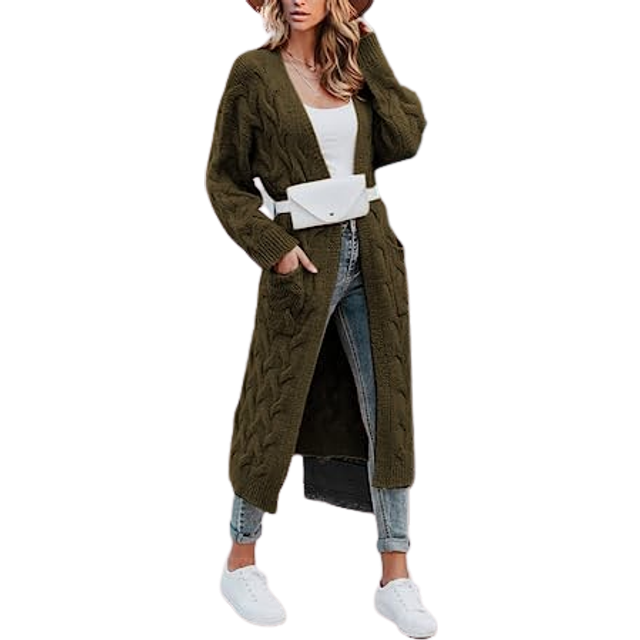 ZIWOCH Women's Long Cardigan Coats Cable Knit Casual Open Front Long Sleeve Loose Sweater with Pockets Army Green