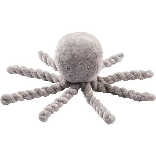 Nattou mjuk plyschleksak, gosedjur, gosig följeslagare, design med navelsnöre garanterar baby, maskintvättbar, 100 procent supermjuk polyester, PETA-godkänd vegan, 25 cm, Lapidou bläckfisk, grå