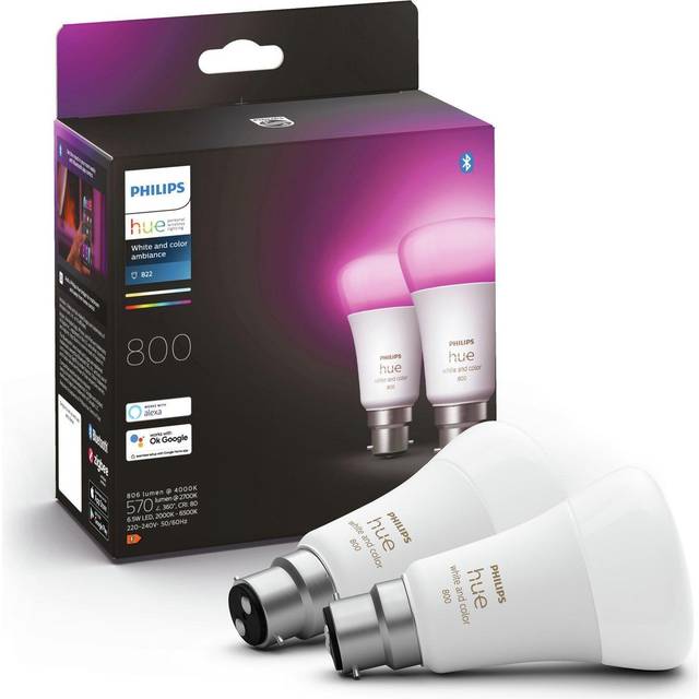Philips Hue White & Colour Ambiance Smart Bulb Twin Pack LED [B22 Bayonet Cap] - 800 Lumens (60W equivalent). Works with Alexa, Google Assistant and