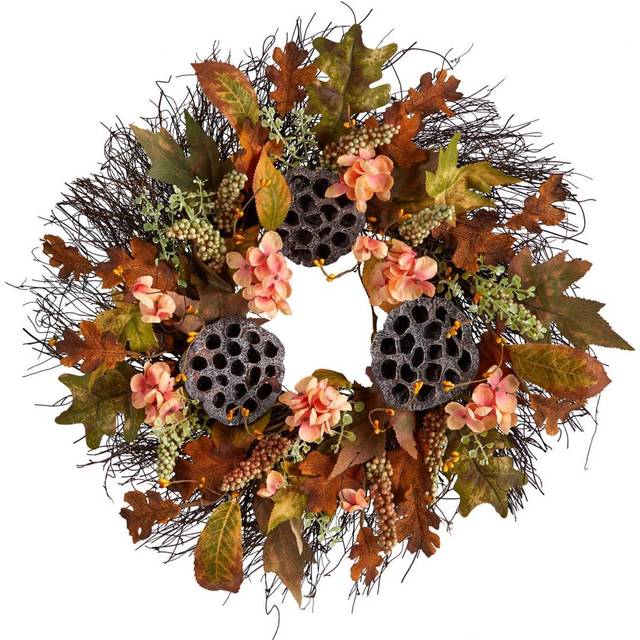 22 Autumn Hydrangea  Dried Lotus Pod Artificial Fall Wreath