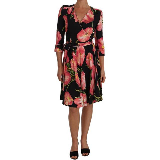 Dolce & Gabbana Black Pink Tulip Print Stretch Shift Dress - IT38|XS (IT38|XS)