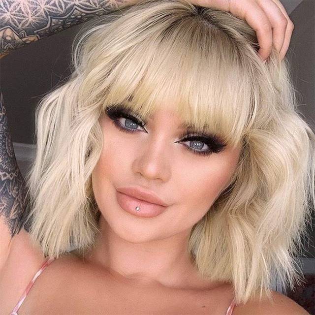 MISSQUEEN Short Ombre Blonde Wigs Wavy Bob Blonde Wig with Bangs Synthetic Curly Pastel Blond Wig for Women Girl Colorful Cosplay Wigs