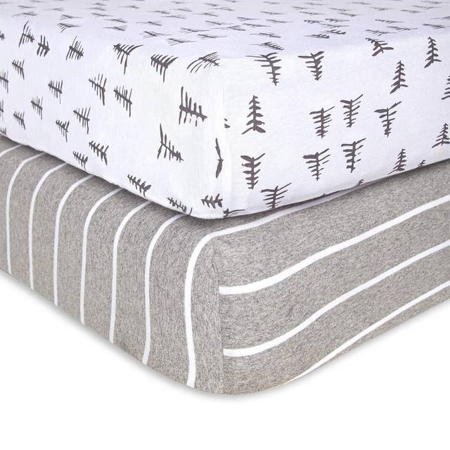 Burts Bees Baby formsytt spjälsängslakan organisk bomull bivå – tallskog och randiga tryck, passar unisex standardsäng och småbarnsmadrass, 28 x 52 x 5,5 tum 2-pack