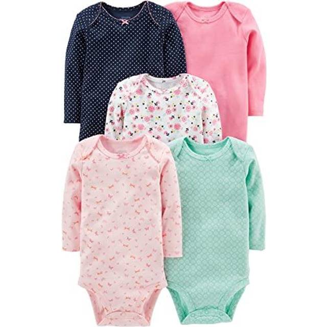Simple Joys by Carter's Baby Girls' 5-Pack Long-Sleeve Bodysuit  Mint Green/Navy Dots/Pink/Butterflies/Floral  6-9 Months
