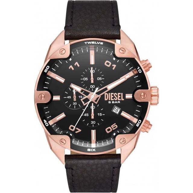Diesel klocka för män spikad, kronogravrörelse, 49 mm rosa guld rostfritt stålfodral med läderrem, DZ4607