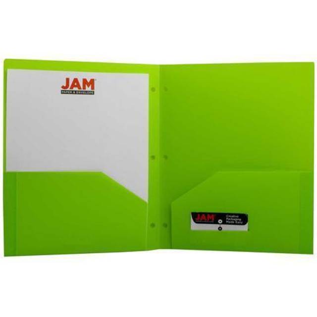 JAM PAPER Heavy Duty Plastic 3 Hole Punch Pocket Folders - Extra Tough School Folders - Lime Green - 6/Pack