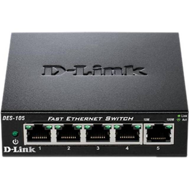 D-Link DES-105/B 5-Port Fast Ethernet Desktop Switch - Metal, Fanless, Plug and Play, UK Model