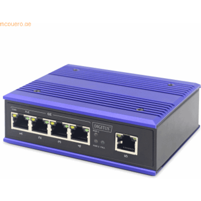 Industrial 4-Port Gigabit PoE Switch + 1 uplink DIN rail, extended temp. range