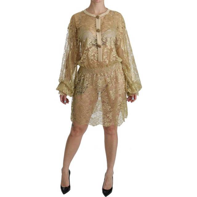 Dolce & Gabbana Elegant Gold Lace A-Line Knee Length Dress - IT40|S