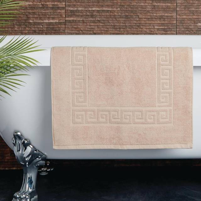 Mitre Essentials Nova Bath Mat Beige - 100% Cotton, 500G/M, Grecian Key Design