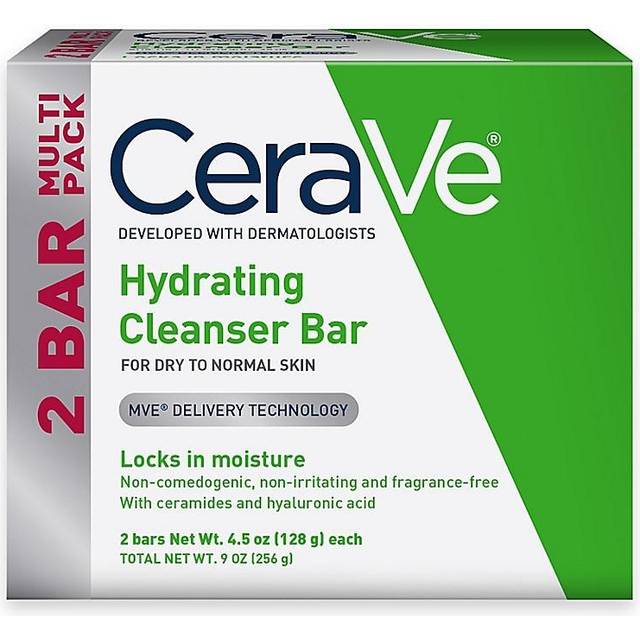 CeraVe Hydrating Cleanser Bar | Soap-Free Body and Facial Cleanser with 5% Cerave Moisturizing Cream | Fragrance-Free |2-Pack  4.5 Ounce Each