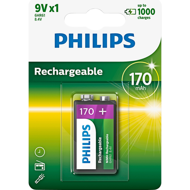 Philips 2871 HR22 NiMH Rechargeable 9V Battery 170 mAh 1000 Recharges