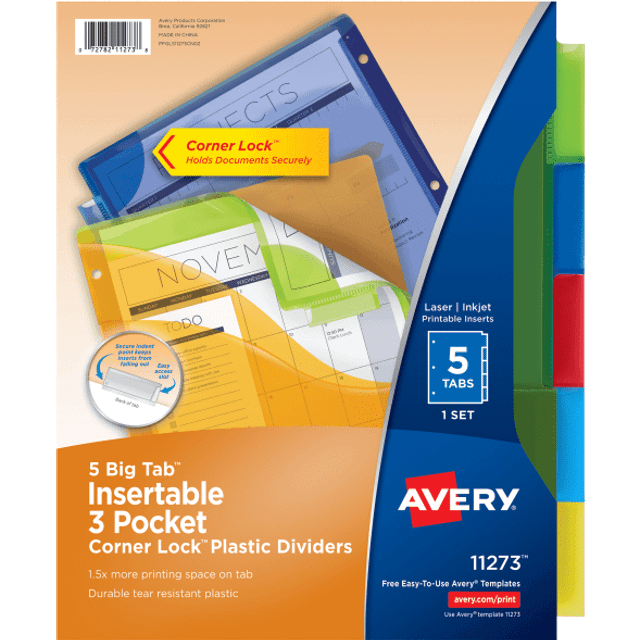 "Avery Plastic Tab Insert Divider - 9.50"""" x 11"""" - 5 / Set - Assorted Tab"