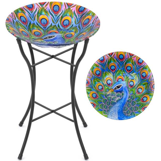 Glass Bird Bath Garden Outdoor Decoration Metal Stand Hand Painted - Multi - One Size